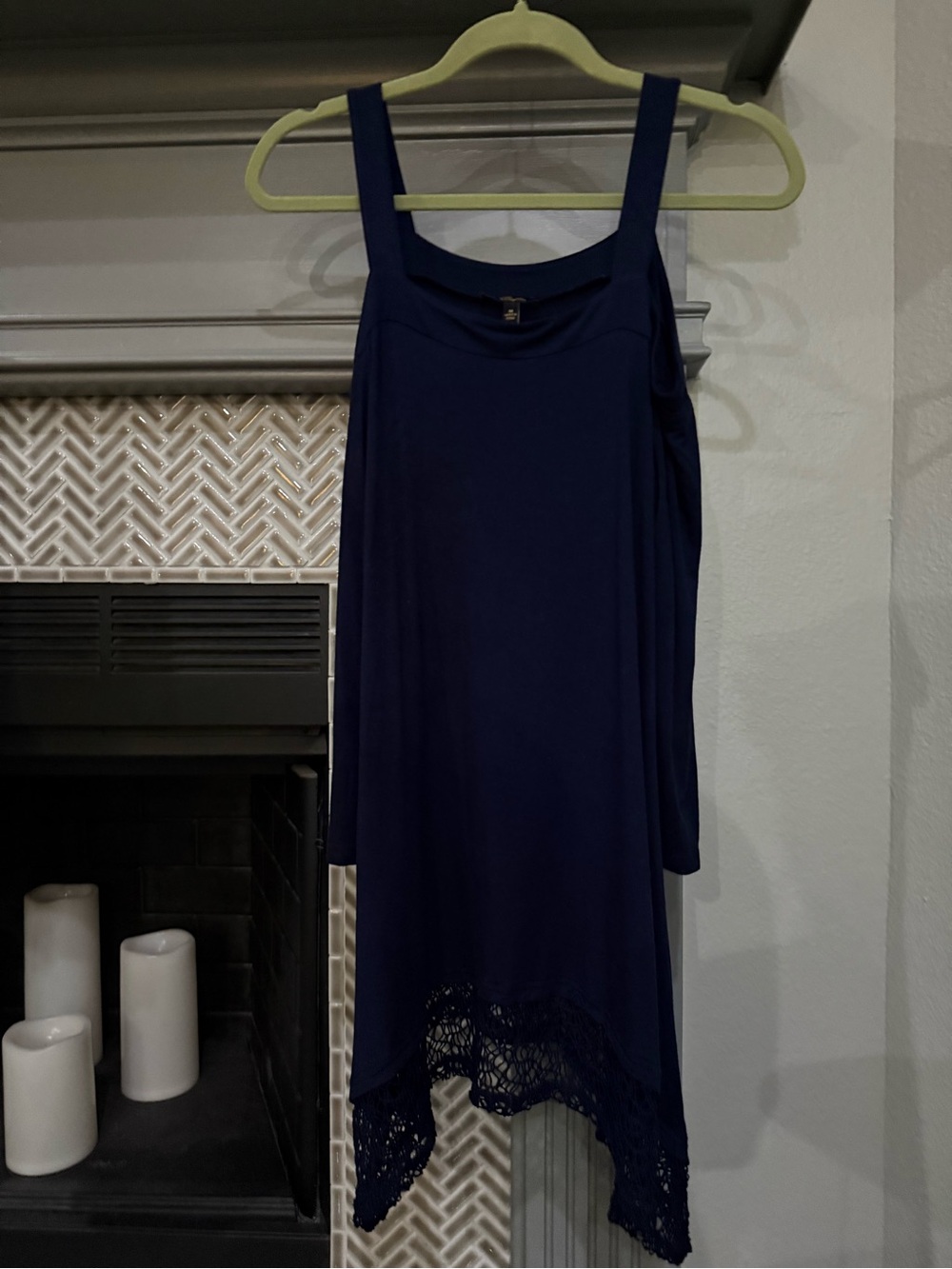 Cupio Navy Cold-Shoulder High-Low Crochet-Hem Top